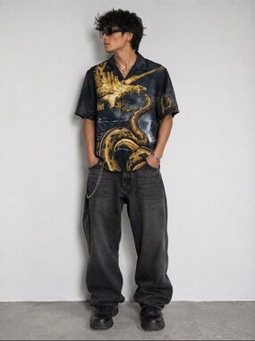 Y2K Vintage Moon Eagle & Snake Graphic Button-Up Shirt